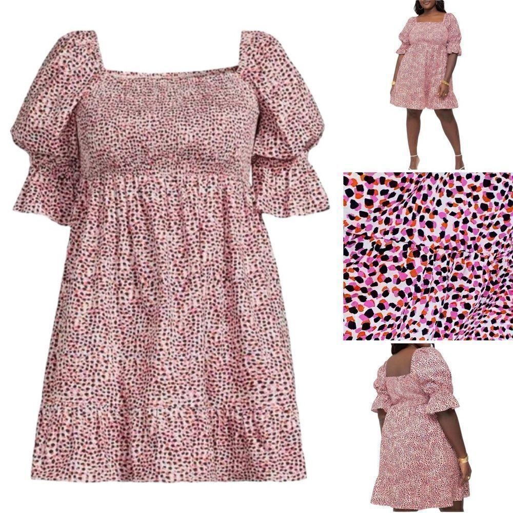 Eloquii Elements Ruched Smocked Empire Waist Puff Sleeve Mini Dress Sz 18